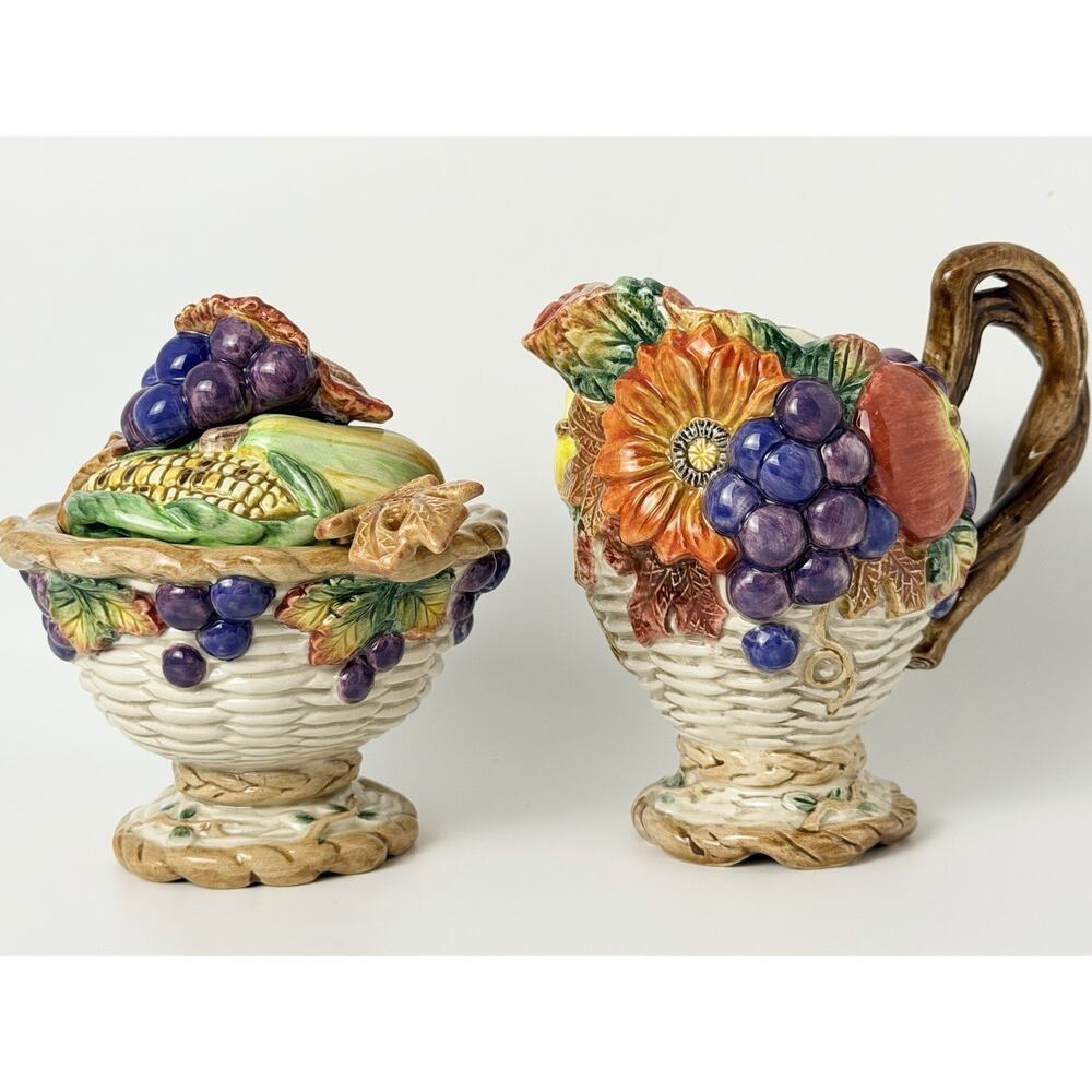 Fitz and Floyd Autumn Bounty Sugar Bowl w Lid and Spoon and Creamer Set